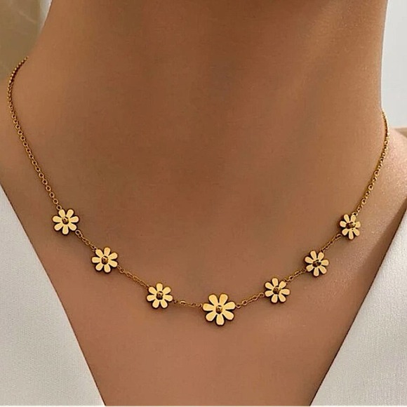 Gold Plated Daisy Necklace, Stainless Steel, Flower, Dainty - Picture 1 of 9